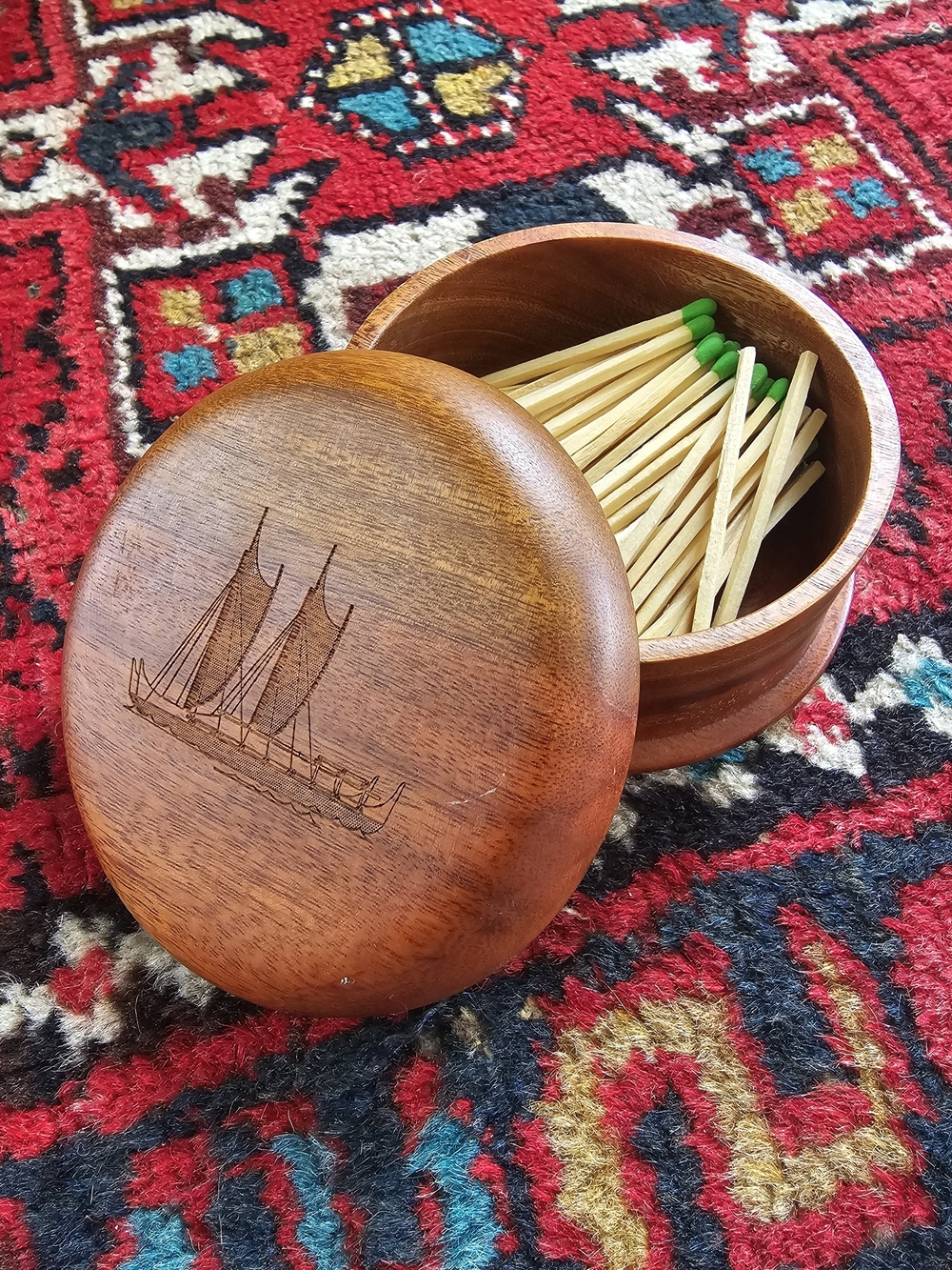 Vintage Wooden Match Holder - Brown with Green Match Tips